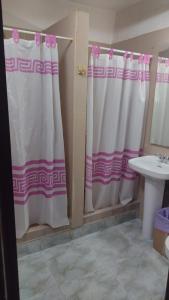 uma casa de banho com uma cortina de chuveiro e um lavatório em albergue bar villamayor 