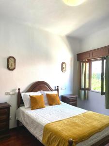 1 dormitorio con 1 cama con sábanas amarillas y ventana en Alojamento Thermal Romano, en São Pedro do Sul