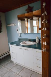 a bathroom with a sink and a mirror at Auberge L'Orpailleur in Val-dʼOr