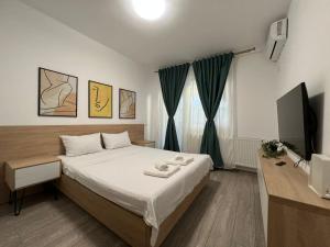 a bedroom with a bed and a television in it at Perfect Host Palas Studio Central in Iaşi