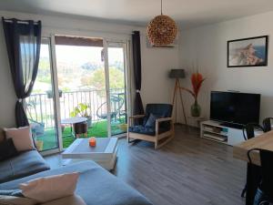 sala de estar con sofá y TV en Chez kary, en Saint-Cyr-sur-Mer