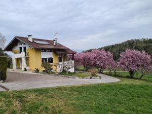 una casa gialla con alberi rosa in un campo di Casa Solaris a Fai della Paganella