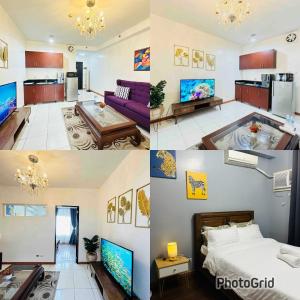a collage of four pictures of a living room at Malate Bayview Mansion Seaview and City View in Manila