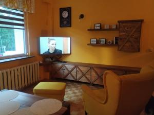 ワグフにあるKlimatyczny apartament nad jezioremのリビングルーム(テレビ、椅子付)