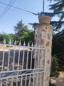 una cerca de piedra con una puerta con una maceta de flores en la parte superior en Dea, en Putignano