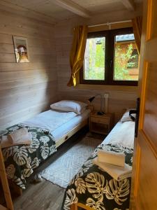 two beds in a small room with two windows at LEŚNE DOMKI in Borsk