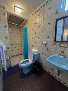 Suites Las Plazas في كويرنافاكا: حمام به مرحاض أزرق ومغسلة