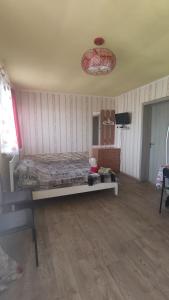 1 dormitorio con cama y lámpara de araña en " Na golubom ozere" en Dniprodzerzhynsʼk