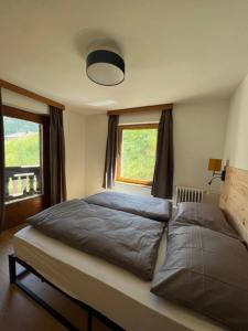 斯泰爾維奧的住宿－Ferientreff-Stilfs，卧室内的一张大床,设有窗户