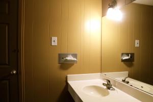 a bathroom with a sink and a large mirror at Executive Inn Goliad in Goliad