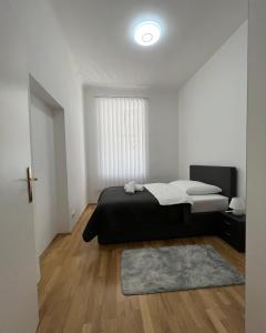 a white bedroom with a bed and a rug at Modernes Juwel in zentraler Lage in Vienna