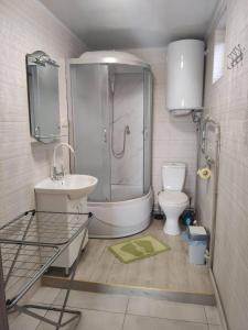 La salle de bains est pourvue d'une douche, d'un lavabo et de toilettes. dans l'établissement " Na golubom ozere", à Kamianske