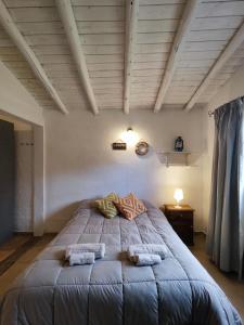 a bedroom with a large bed with two pillows on it at Casa Huellas de Malbec - Montaña y paz in Las Compuertas