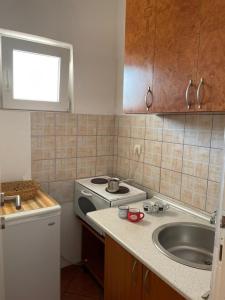 a small kitchen with a sink and a stove at Jelić apartmani in Sutomore