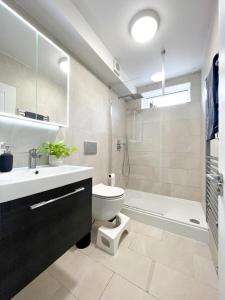 a bathroom with a sink and a toilet and a shower at Modern Luxury Flat in Putney in London