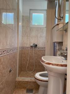 een badkamer met een douche, een toilet en een wastafel bij Jelić apartmani in Sutomore