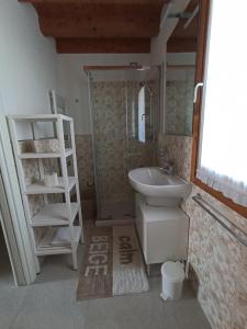 uma casa de banho com um lavatório, um espelho e uma prateleira em Costalaguna Briccola con 3 camere da letto em Cavallino-Treporti