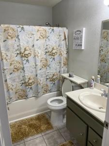 a bathroom with a toilet and a shower curtain at Beautiful single story 4 br. home in nice area. in Palmdale
