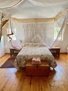 Un dormitorio con una cama con dos zapatos rosados. en The Grand Marigold, en McGregor