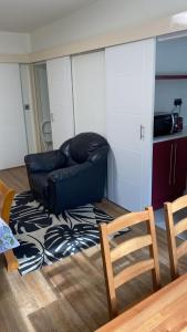 a living room with a black leather couch and a rug at King Studio Apartment with Garden and Parking in Ealing