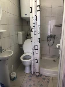a bathroom with a toilet and a shower curtain at Petar Apartment in Mavrovo