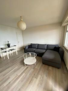 ein Wohnzimmer mit einem Sofa und einem Tisch in der Unterkunft Studio vue Lac in Montreux