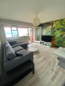 ein Wohnzimmer mit einem Sofa und einem TV in der Unterkunft Studio vue Lac in Montreux