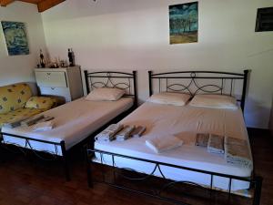 two beds sitting next to each other in a room at Garden House-Free transfer from airport in Artemida