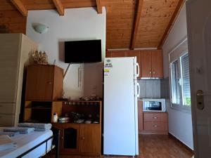 a white refrigerator in a kitchen with wooden cabinets at Garden House-Free transfer from airport in Artemida