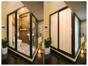 two pictures of a bathroom with a shower and a toilet at Unique, private, quiet, on the most beautiful street in Hanoi in Hanoi +54 photos