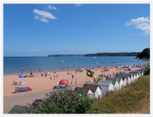 a beach with a bunch of people on the beach at 2 bed pet friendly caravan at Hoburne Devon Bay with decking in Paignton