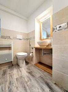 a bathroom with a toilet and a sink and a mirror at Nel centro storico di Trequanda in Trequanda