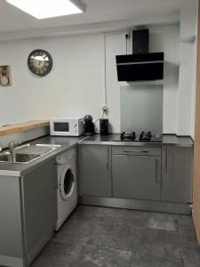 a kitchen with a sink and a washing machine at Corail Azur Terre Sainte in Saint-Pierre