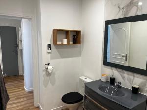 a bathroom with a sink and a toilet and a mirror at L’appartement du vieux bassin in Honfleur