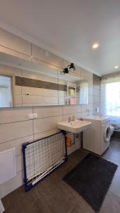 a bathroom with a sink and a washing machine at Ferienwohnung Wiesenblick in Seiffen in Kurort Seiffen