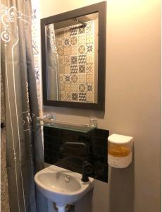 a bathroom with a sink and a mirror at La Vignalié 