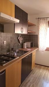a kitchen with a sink and a stove top oven at Nad tunelom apartment Bohinj in Bohinj