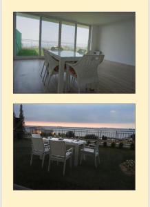 two photographs of a table and chairs on a balcony at فيلا باطلالة بانورامية على البحر وقريبة من المركز in Yalova