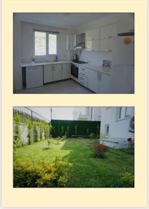 duas fotografias de uma cozinha e um quintal com um relvado em فيلا باطلالة بانورامية على البحر وقريبة من المركز em Yalova