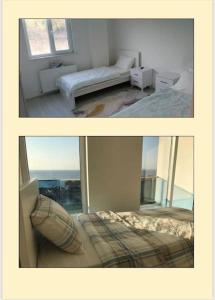 two pictures of a bedroom with a bed and a window at فيلا باطلالة بانورامية على البحر وقريبة من المركز in Yalova