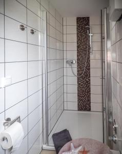 uma casa de banho com um chuveiro com uma estrela-do-mar em FeWo-tt em Traben-Trarbach