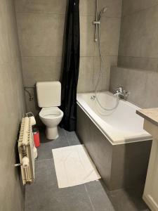 ein Badezimmer mit einem WC, einer Badewanne und einem Waschbecken in der Unterkunft Uccle Chic Flat in Brüssel
