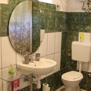 La salle de bains est pourvue d'un lavabo, de toilettes et d'un miroir. dans l'établissement Őrségi Mazsola Vendégház, à Őriszentpéter