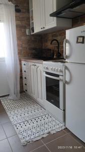 a kitchen with a white refrigerator and a stove at Apartman Stara Trešnja in Kladovo