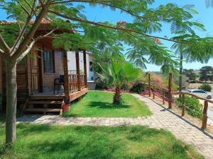 a small house with a porch and a tree at Karpaz farm guest house in Iskele