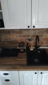 a kitchen counter with a sink and a brick wall at Apartman Stara Trešnja in Kladovo