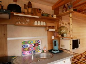 una cocina con fregadero en una casa pequeña en Les roulottes de Moulin Rouge, en Audelange