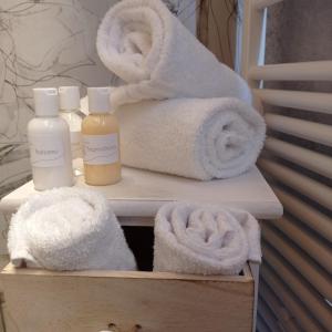 un estante con dos botellas de jabón y toallas en AgriRelais San Giovanni en Capestrano