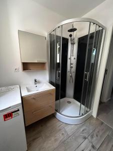 a bathroom with a shower with a sink and a mirror at Appartement, Mussidan in Mussidan
