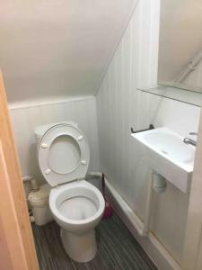 a small bathroom with a toilet and a sink at 5 Bedroom 5 Bath sleeps 10 close Luton Airport M1 in Caddington